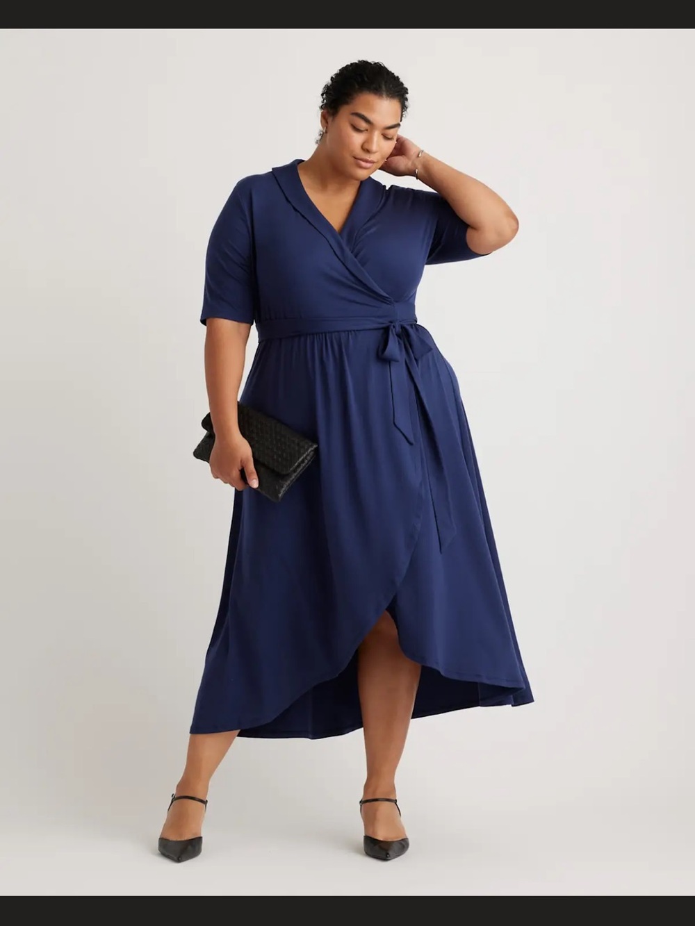 Quince Deep Navy Wrap High-Low Midi Dress with Tie Waist
